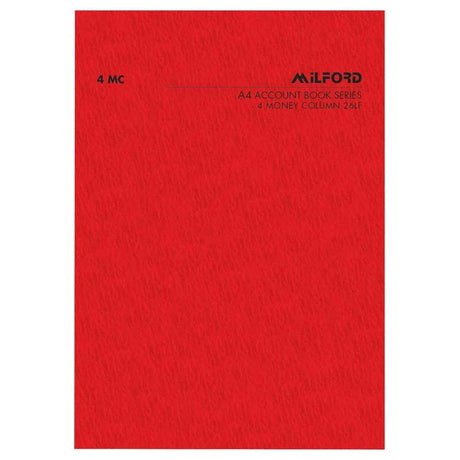 Milford A4 account book with four money columns, limp cover, 26 durable pages for effective financial management.