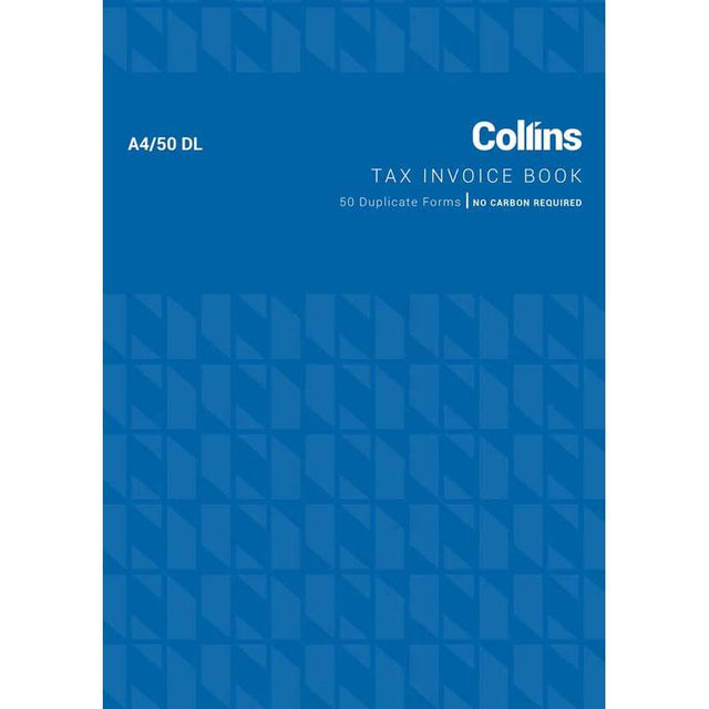 Collins Tax Invoice A4 with 50 duplicates, no carbon required, eco-friendly, and user-friendly for efficient invoicing.