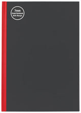 Stylish A5 hardcover notebook in red and black, featuring 200 pages of ruled paper with a wide margin, ideal for organized note-taking.