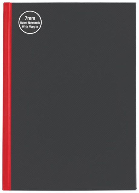 Stylish A5 hardcover notebook in red and black, featuring 200 pages of ruled paper with a wide margin, ideal for organized note-taking.