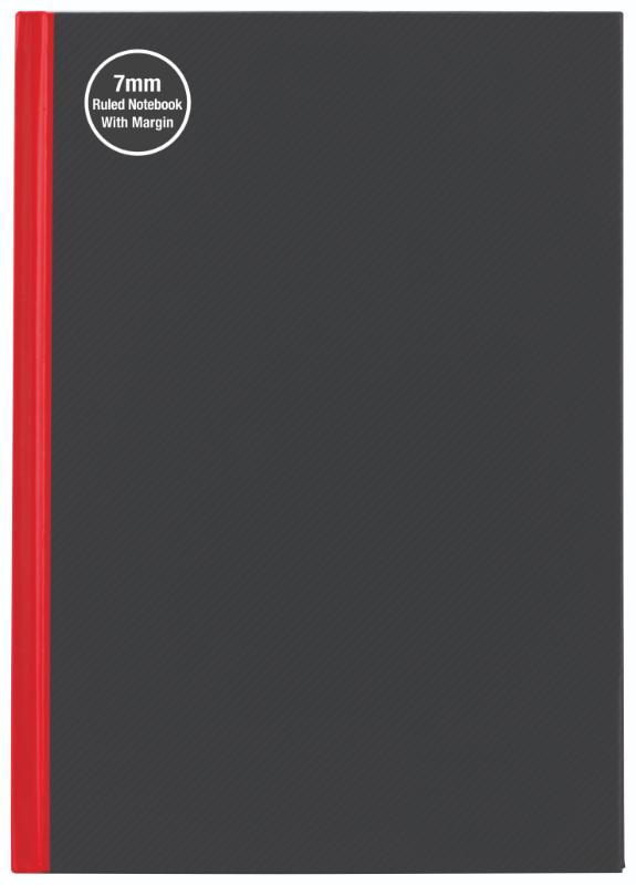 Stylish A5 hardcover notebook in red and black, featuring 200 pages of ruled paper with a wide margin, ideal for organized note-taking.