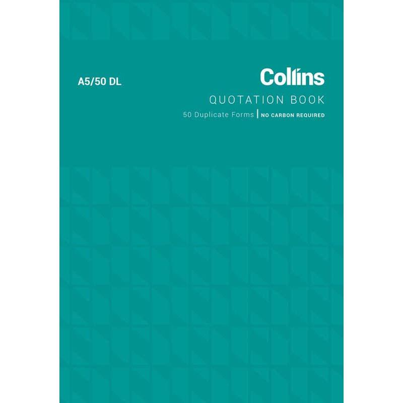 Collins A5 duplicate quotation book with 50 leaves, no carbon needed, ideal for professionals and on-the-go use.