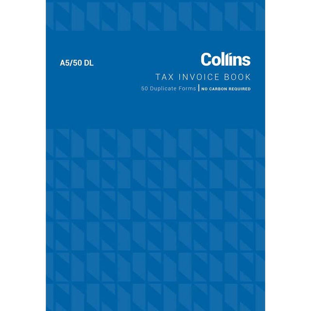 Collins A5 Tax Invoice pad with 50 no carbon leaves, left side binding for easy organization and professional invoicing.