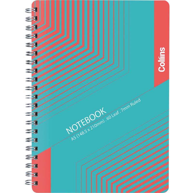 A5 Collins Notebook with durable polyprop cover, 60 ruled leaves, side opening, and wiro binding for easy writing access.