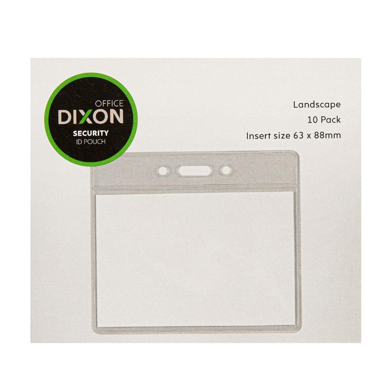 Clear landscape ID pouches for secure and visible badge display; pack of 10, each 88x63mm, perfect for events and workplaces.