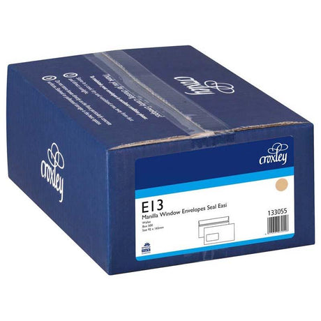 Croxley E13 manilla envelopes with window, 80 GSM, wallet flap, 165mm x 92mm, ideal for efficient mailing in bulk.