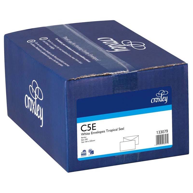 Croxley C5E Tropical Seal Banker Box containing 250 white envelopes for secure mailing of A5 or folded A4 documents.