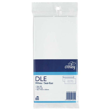 White Croxley DLE envelopes in a 100-pack, 80 GSM, with Seal Easi flap for secure mailing of A4 folded documents.