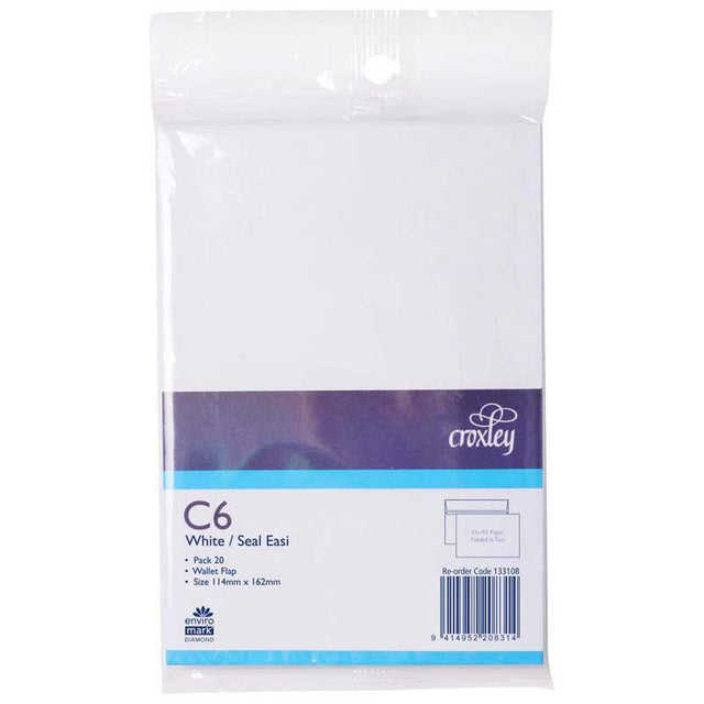 Croxley C6 Seal Easi Wallet envelopes in white, 20-pack; 80 GSM, opaque, wallet flap, perfect for secure mailing.