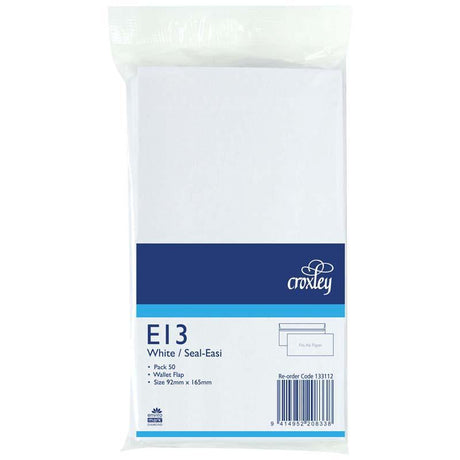 Croxley E13 Seal Easi envelopes, 50 pack, white, durable 80 GSM paper, wallet flap for secure closure, 165mm x 92mm size.