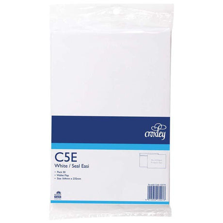 White C5E Seal Easi Wallet envelopes, 50 pack, durable 80 GSM paper, ideal for secure mailing and visibility of contents.