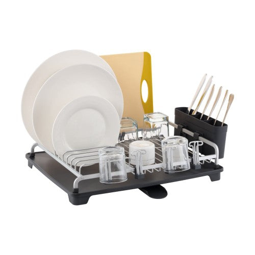 Sleek Avanti Apex Aluminium Dish Rack with draining tray for efficient dish drying, measuring 52 x 38 x 14.7 cm.