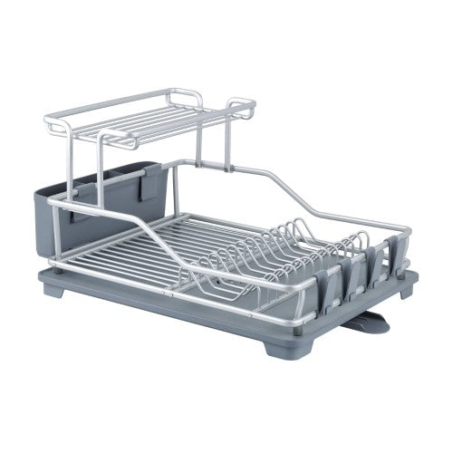 Elegant two-tier dish rack made from durable anodised aluminium, featuring a draining tray for efficient dish drying and organization.