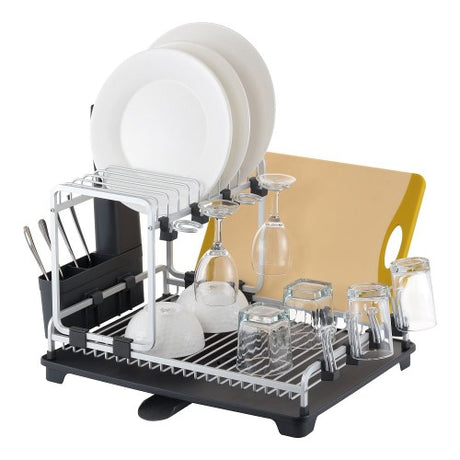 Stylish two-tier dish rack made of durable anodized aluminum, includes a draining tray for clean, dry countertops.