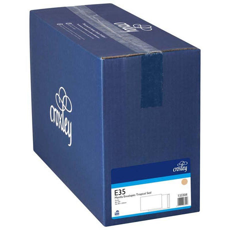 Croxley E35 Manilla Tropical Seal Pocket Box with 250 durable envelopes for secure mailing of large documents and correspondence.