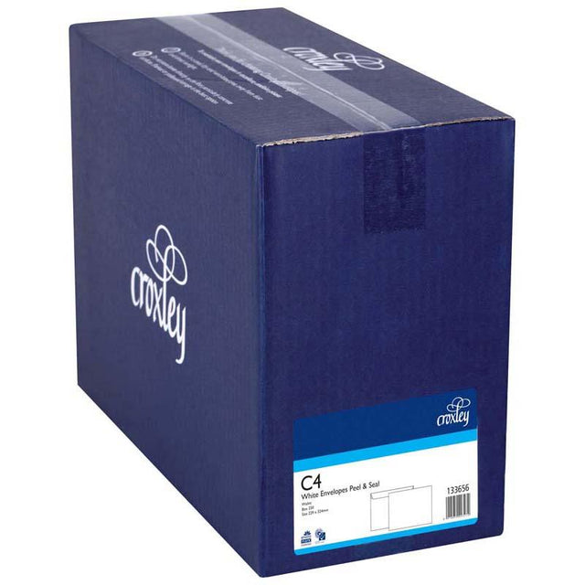 Croxley C4 peel-and-seal envelopes in a box of 250, designed for A4 documents with an opaque finish for privacy.