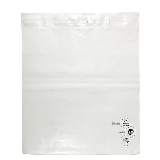 Eco-friendly white mailer bag (420x450mm) made from 80% recycled materials, ideal for non-fragile item shipping.