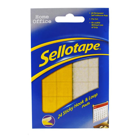 Sellotape 20mm sticky hook and loop pads, 24 pack, perfect for secure indoor adhesion without nails or screws.