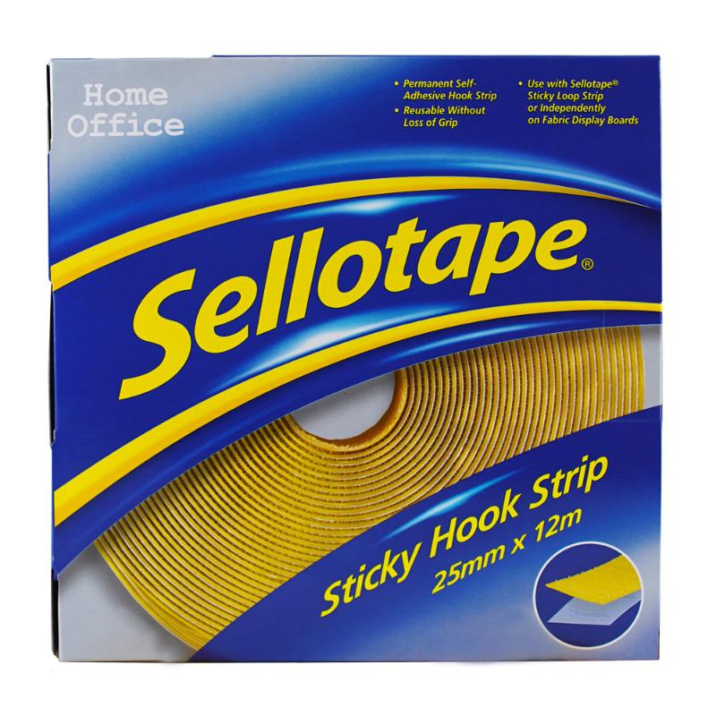 Sellotape Sticky Hook Strip in 25mm x 12m, ultra-strong, self-adhesive for hanging hooks, signs, and displays indoors.