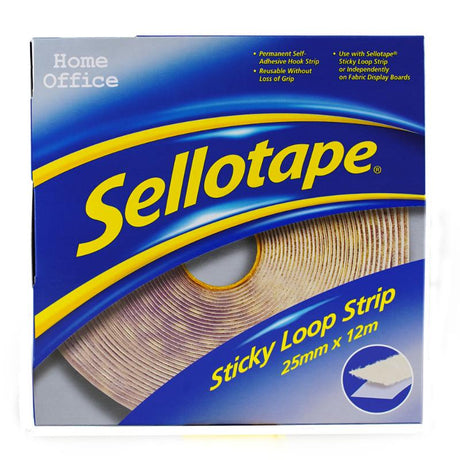 Sellotape Sticky Loop Strip, 25mm x 12m, provides strong, permanent adhesion for hooks, signs, and crafting projects.