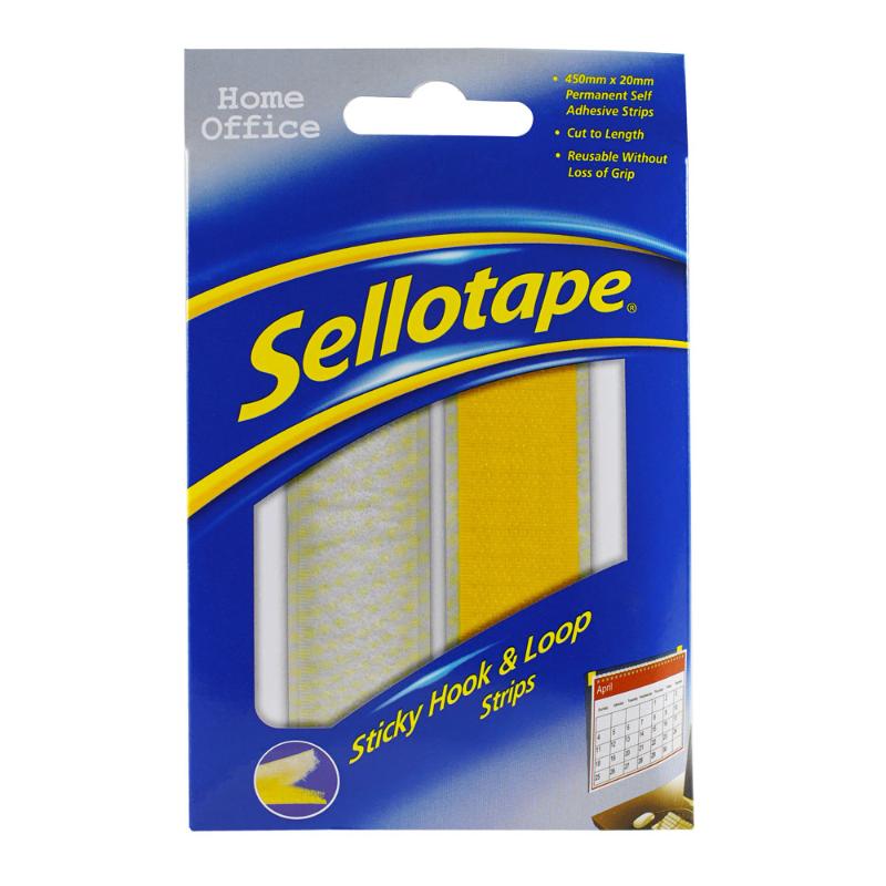 Sellotape Sticky Hook & Loop Strip, 20mm x 450mm, ultra-strong adhesive for versatile indoor use without nails or screws.