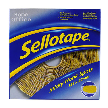 Sellotape Sticky Hook Spots, 22mm, 125 pack, ideal for secure hanging of artwork, signs, and displays without damage.