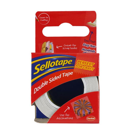 Sellotape Double Sided Tape 15mm x 5m, ideal for mess-free crafting and strong adhesion for photos and DIY projects.