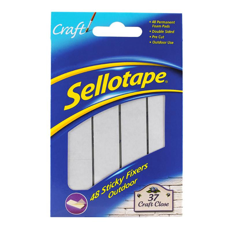 Sellotape Sticky Fixer Pads Outdoor 48 Pack: reliable double-sided adhesive pads for secure mounting on various surfaces.