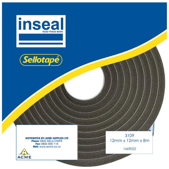 Inseal 3109 PKD sealing strip, 12mm thick x 12mm wide x 6m, ideal for noise reduction and energy efficiency in various applications.