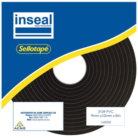 Inseal 3109 PKD sealing tape, 9mm thick, 10mm wide, 8m long, ideal for soundproofing and weather sealing.