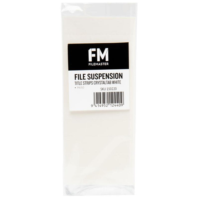 FM Title Strips Crystal Tab White 50 Pack for organizing files, made of durable paper for easy labeling and professionalism.