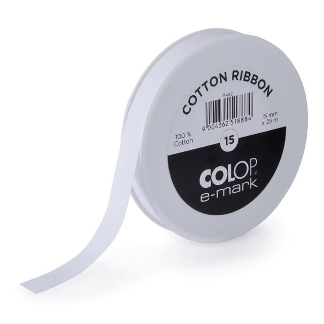 White cotton ribbon for COLOP e-mark printer, 15mm x 25m, ideal for labels and embellishments, versatile and durable.