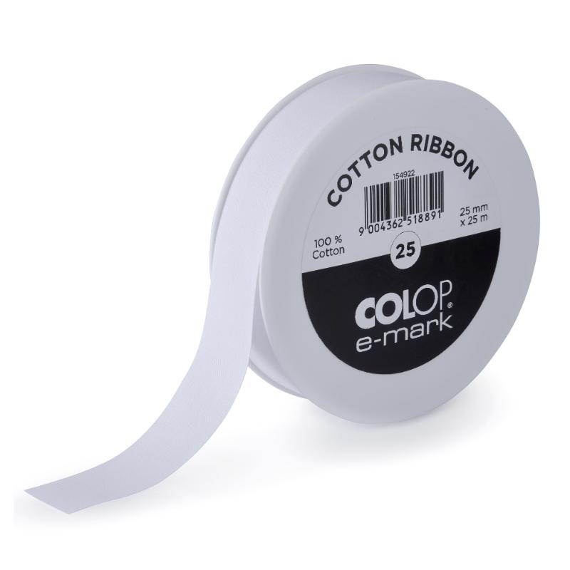 White cotton e-mark ribbon, 25mm x 25m, perfect for custom labels, gift wrapping, and professional branding.