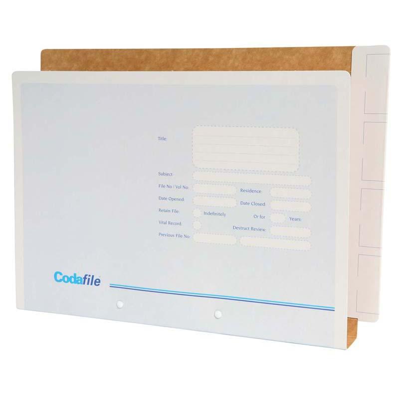 Codafile spiral spring clip box in white, designed for organizing documents, holds 45mm of 80gsm paper securely.