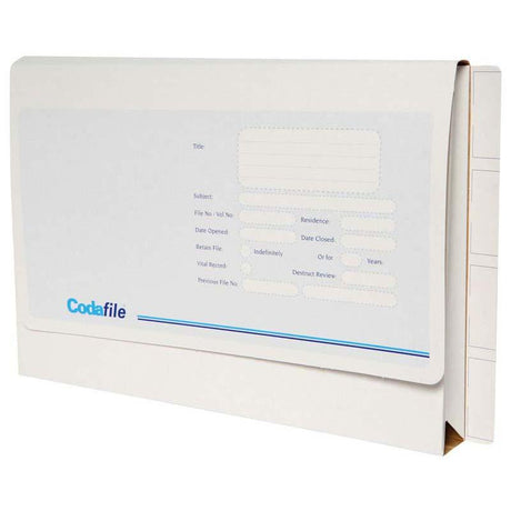 Codafile Wallet with Flap, holds 35mm of paper, durable cardboard, white color, 355x230mm, perfect for organization.