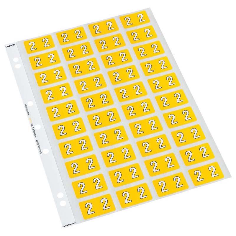 Yellow numeric labels for organization, 25mm x 42mm, 5 sheets, ideal for easy document identification and color coding.