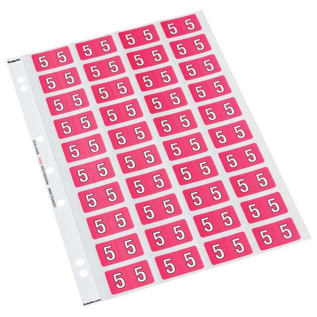 Vibrant pink Codafile Label Numeric 5 sheets for easy organization of documents, measuring 25x42mm, ideal for various files.