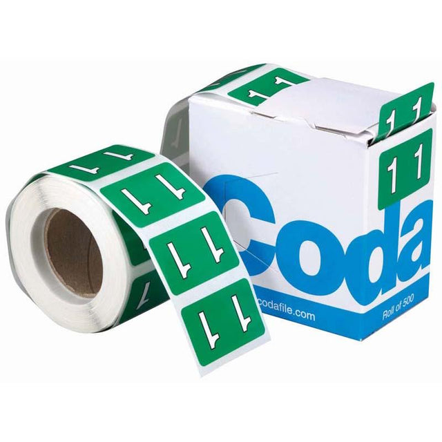 Dark green paper labels on a roll, 500 count, designed for efficient numeric file organization and easy application.