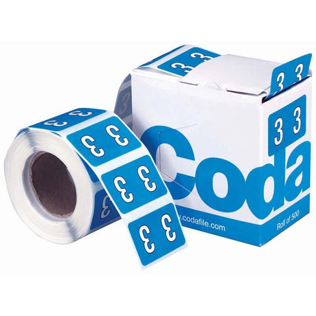 Vibrant blue Codafile 25mm labels for efficient color-coding and organization, 500 per roll for long-lasting use.