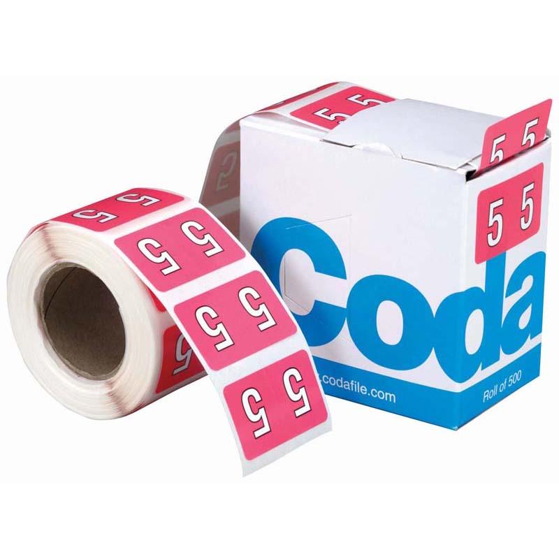 Vibrant pink Codafile numeric labels on a roll, 25mm, perfect for organizing files and reducing misfiling.