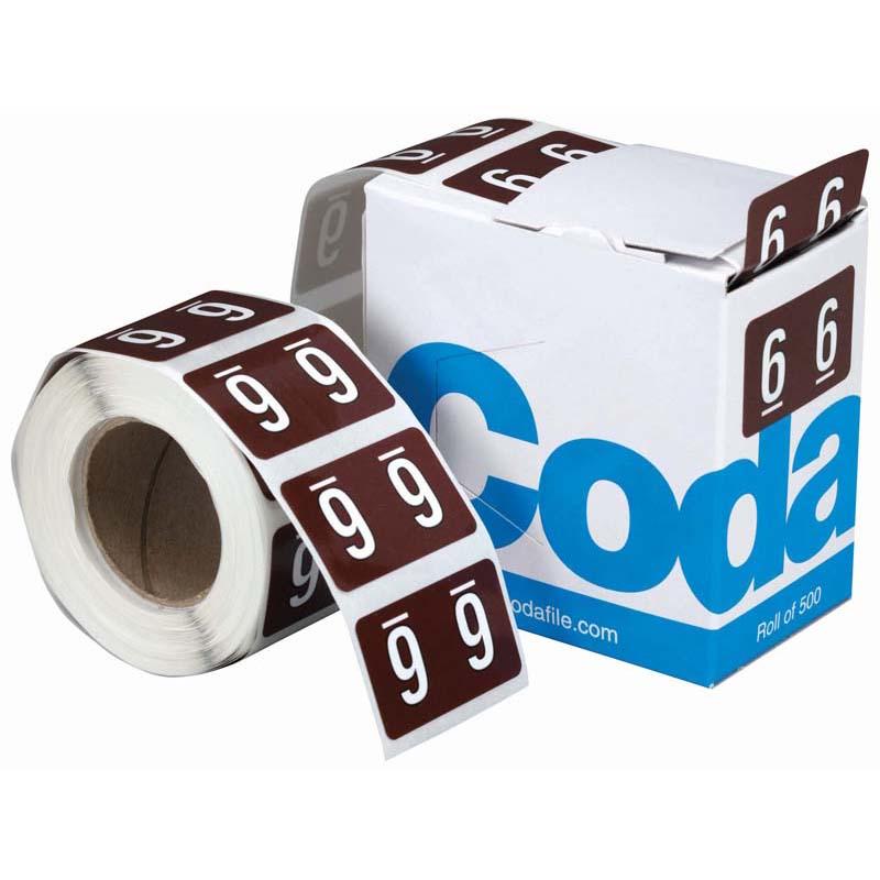 Brown paper numeric labels on a 25mm roll, 500 count, designed for efficient organization and color coding in filing systems.