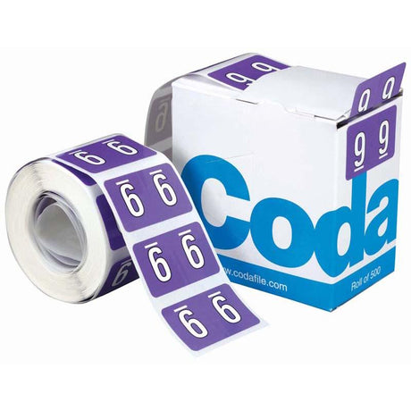 Purple Codafile Numeric labels on a roll, 25mm size, for easy file organization and quick identification, 500 labels per roll.