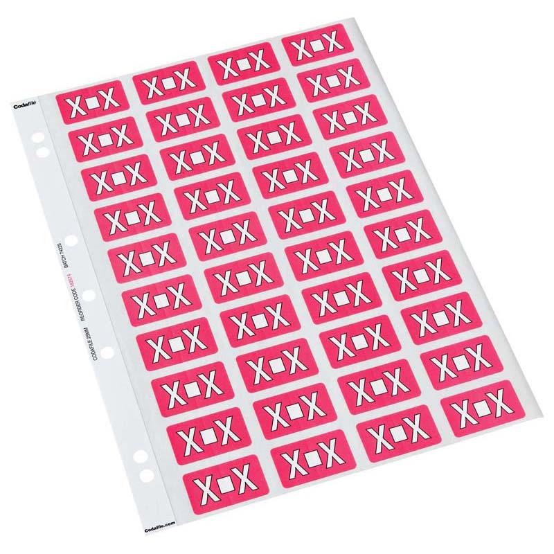 Vibrant pink Codafile Label Alpha X sheets, 25mm x 42mm, perfect for organizing and color coding your documents.