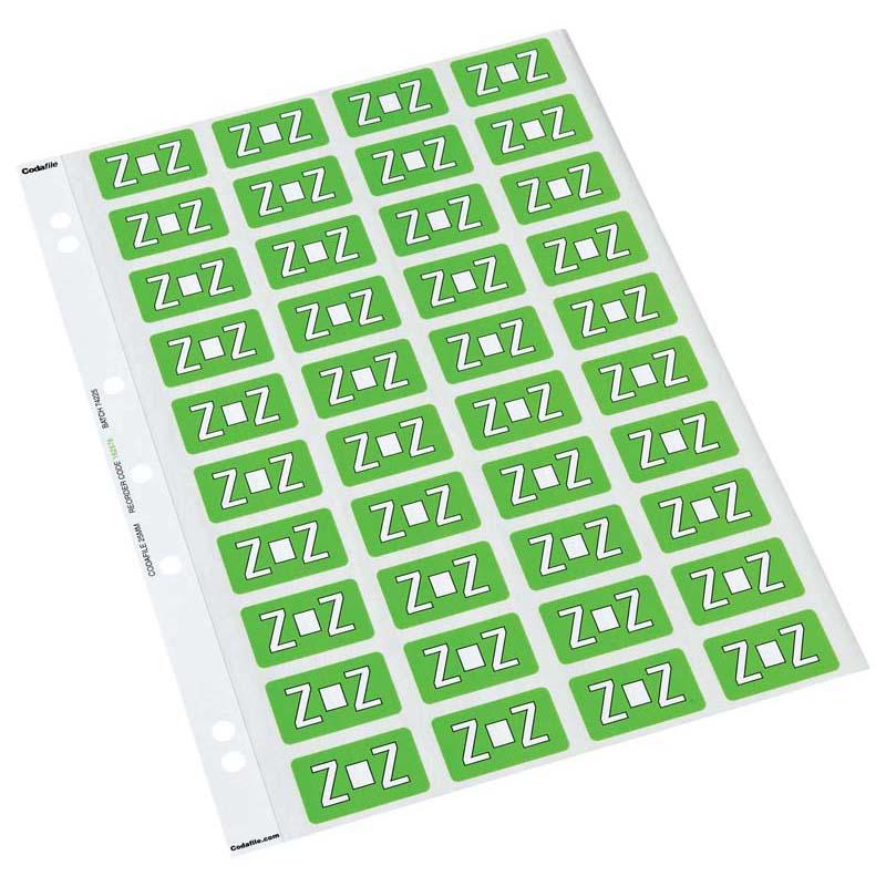 Light green Codafile label sheets (25mm) for easy file organization; sturdy, clear writing space, ideal for home and office use.