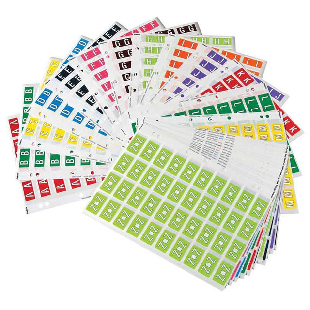 Colorful 25mm x 42mm alphabet labels for organizing files, enhancing navigation and eliminating misfiling in your workspace.