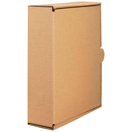 Kraft A4 storage carton made from durable cardboard, featuring a large writing panel and finger hole for easy access.