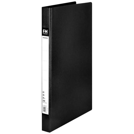 FM A3 black trunkboard ringbinder, durable with 26mm rings, holds 200 sheets for effective document organization.