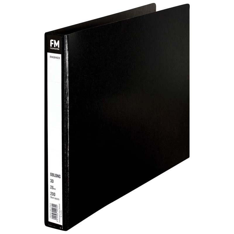 FM A3 black ring binder with durable trunkboard, 26mm rings for up to 200 sheets, ideal for organization and protection.