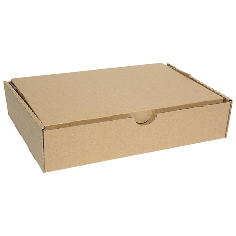 Kraft storage carton made from durable cardboard, 388x253x83mm, features writing panel and finger hole for easy access.