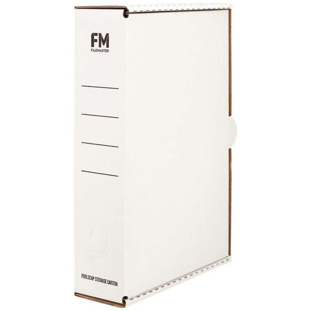 White FM Storage Carton, 385x250x85mm, durable cardboard, large writing panel, finger hole for easy transport and organization.